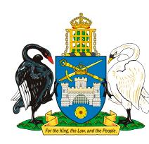 The Coat of Arms features a black and a white swan (to represent the Aboriginal people and the Europeans) supporting a shield.