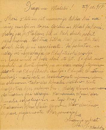 Isonzo front; 29th October 1917 Paper Size 17.3 x 20. 3 cm PMPO, ZG 3171 37. Pismo vojaka Andreja Dolmača iz ujetništva Francu Miheliču v Dubravo pri Zavrču, 17.