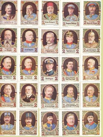 Pola zapiralnih znamk s portreti vladarjev in različnih poveljnikov, serija uradnega vojnooskrbovalnega urada, 1914 1918 Velikost 23,3 x 17,6 cm A sheet of closing-stamps displaying