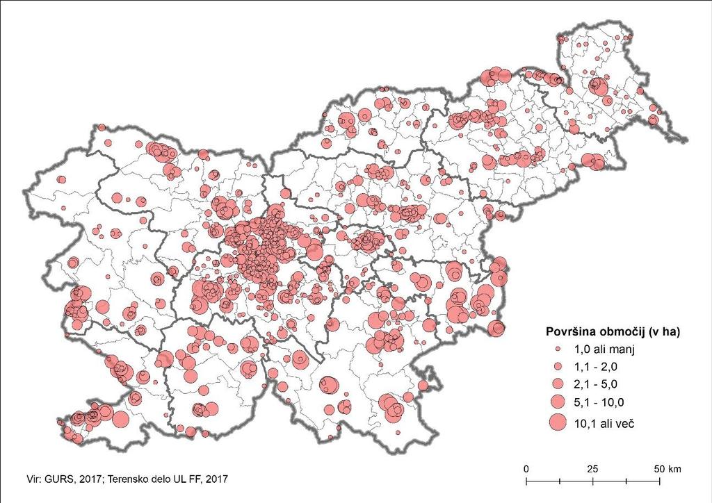Slika 39: Lokacije in velikost vseh popisanih FDO na območju Slovenije. Ker smo vzpostavili tudi prostorsko bazo, lahko z GIS analiziramo različne informacije vezane na pojav razvrednotenega prostora.