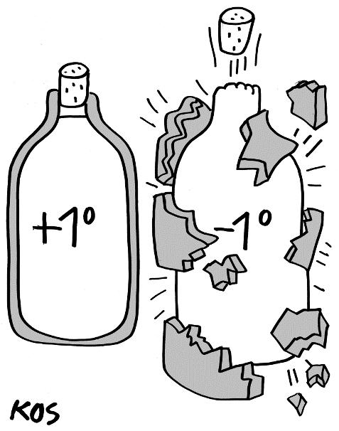 Zaradi enakega razloga nam lahko v zamrzovalniku polne steklenice (in nekoliko redkeje tudi plastenke) raznese, če jih tam pustimo predolgo. Slika 23: Led v hladilniku.