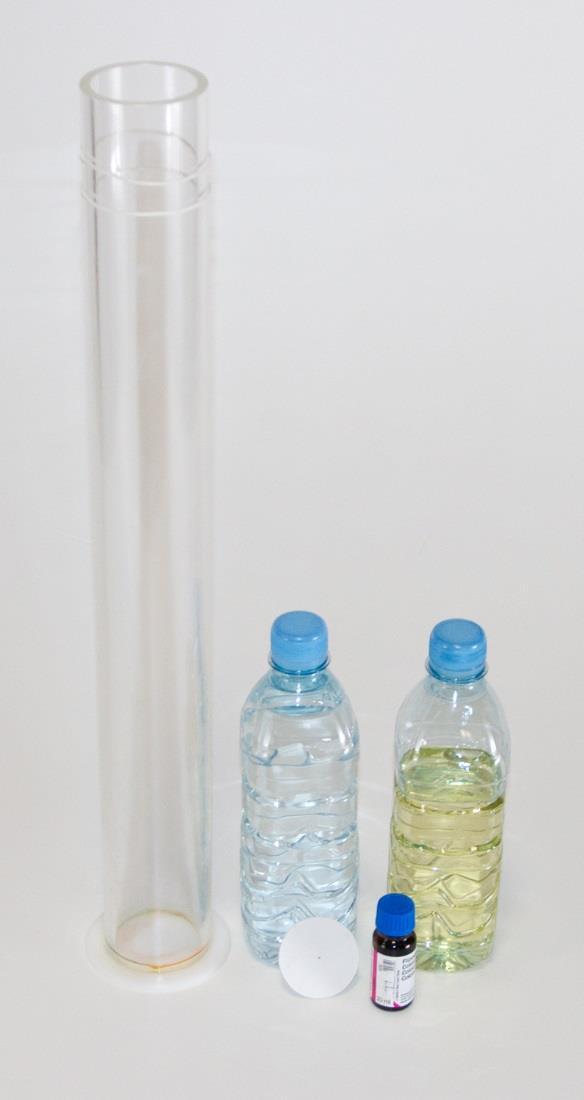 2.3. Prikaz nahajanja vode na Zemlji PRIPOMOČKI prozorni valj 8 dl ploščica iz plastike KEMIKALIJE voda olje organsko barvilo (modra) Slika 31: potrebščine za eksperiment»prikaz nahajanja vode na