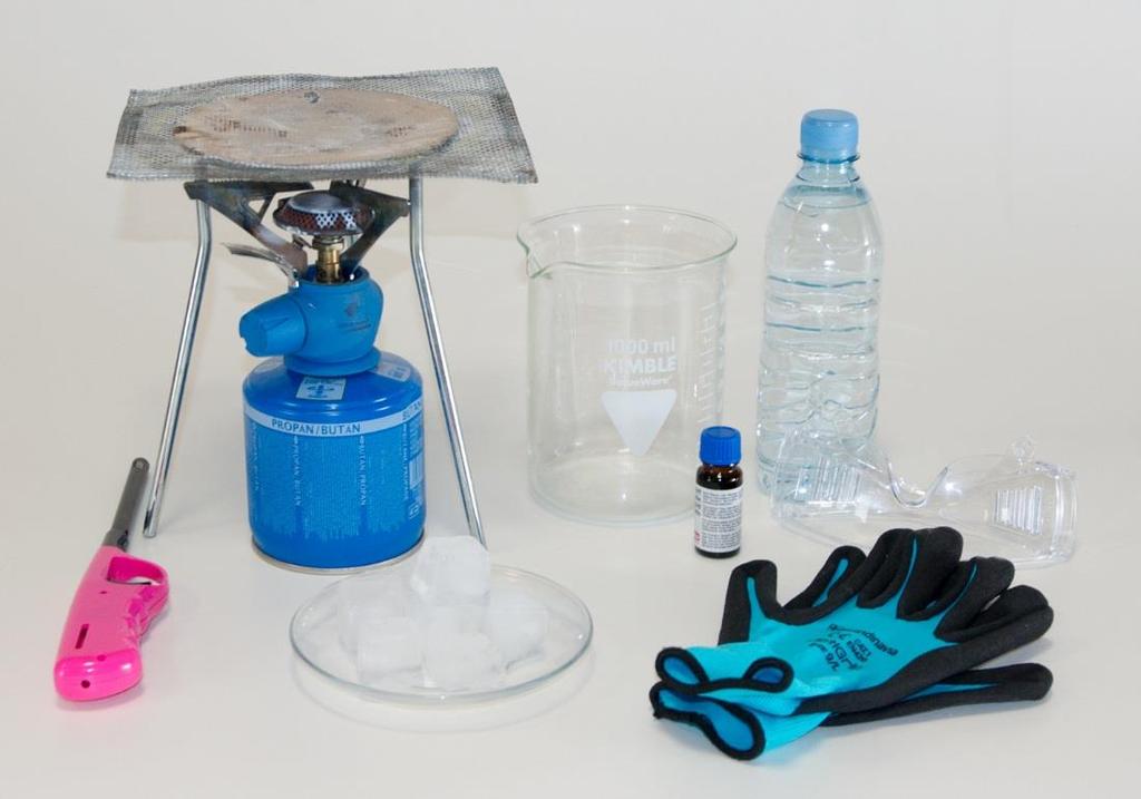 2.4. Vodni krog PRIPOMOČKI steklena posoda urno steklo gorilnik trinožno stojalo mrežica - žična vžigalnik zaščitna oprema (rokavice, očala) KEMIKALIJE voda led organsko barvilo (modra) Slika 32: