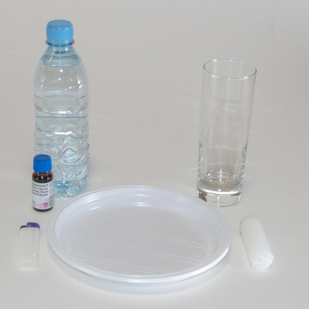 2.8. Vpliv zračnega tlaka na vodo PRIPOMOČKI plastični krožnik svečka visok kozarec vžigalnik voda KEMIKALIJE organsko barvilo (modra) Slika 36: potrebščine za eksperiment»vpliv