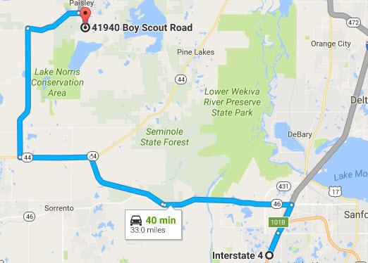 From Orlando to Camp 1. Ramp forks, keep left to Mount Dora(SR-46) (EXIT 101C) 2. Turn left on W State Road Sr-46 3. Road forks, keep right to County Road 46A 4.