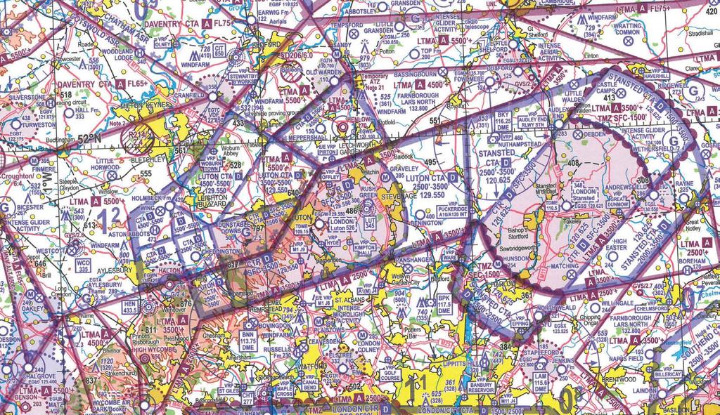 Edition 43-1.500,000 - Class D Airspace The part of Luton CTR shown in Yellow is normally notified as being restricted from Surface to 3,500 ft AMSL, and should normally be shown in Red ().