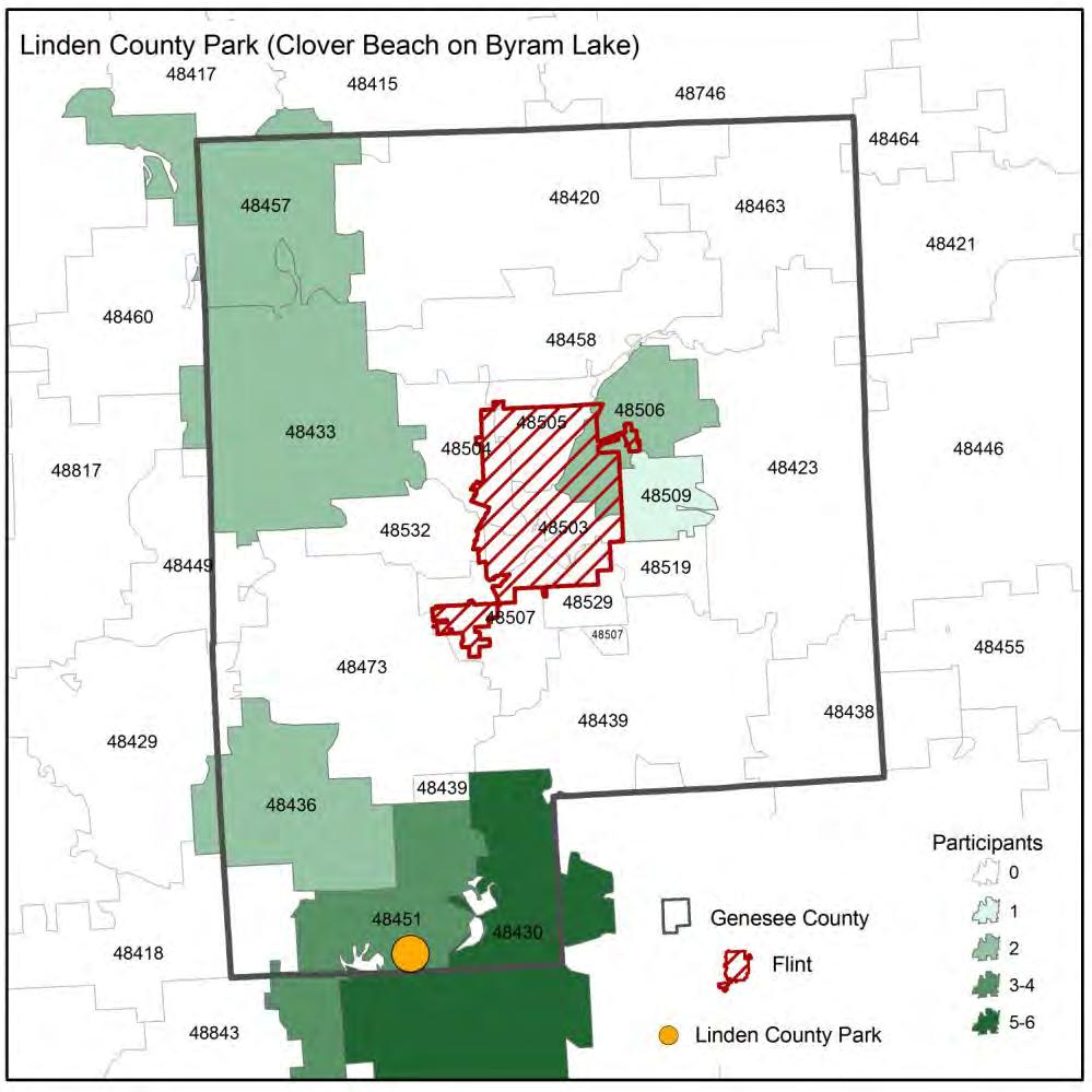 Figure 7. Linden County Park (Clover Beach on Byram Lake) focus group participant distribution by Zip Code. Information collected using mini-surveys distributed to focus group participants.