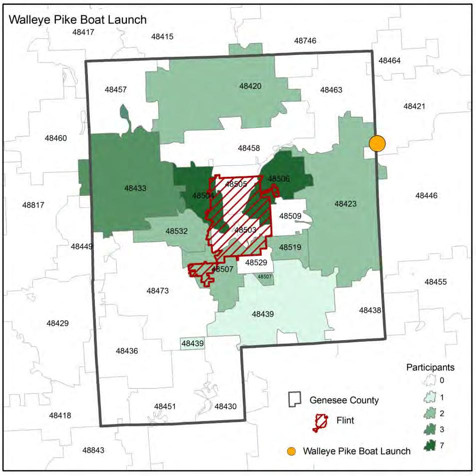 Figure 8. Walleye Pike Boat Launch focus group participant distribution by Zip Code. Information collected using mini-surveys distributed to focus group participants. Of 30 participants 27 are mapped.