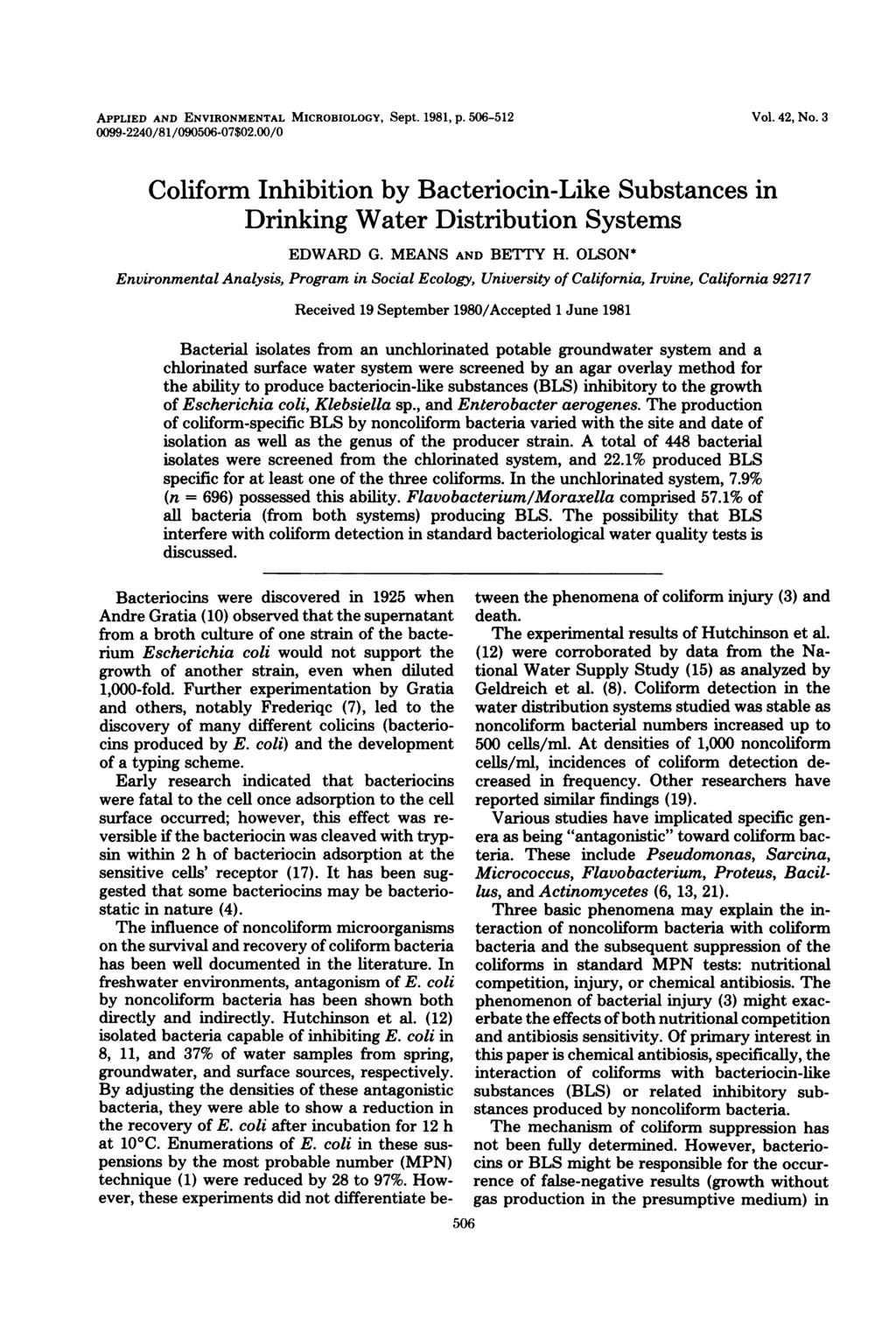APPLIED AND ENVIRONMENTAL MICROBIOLOGY, Sept. 1981, p. 506-512 0099-2240/81/090506-07$02.00/0 Vol. 42, No.