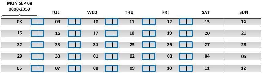 1410110700 D) MON-FRI 1800-0700 Example 8: Activity from WED 1900 to FRI 0600, during two consecutive weeks.