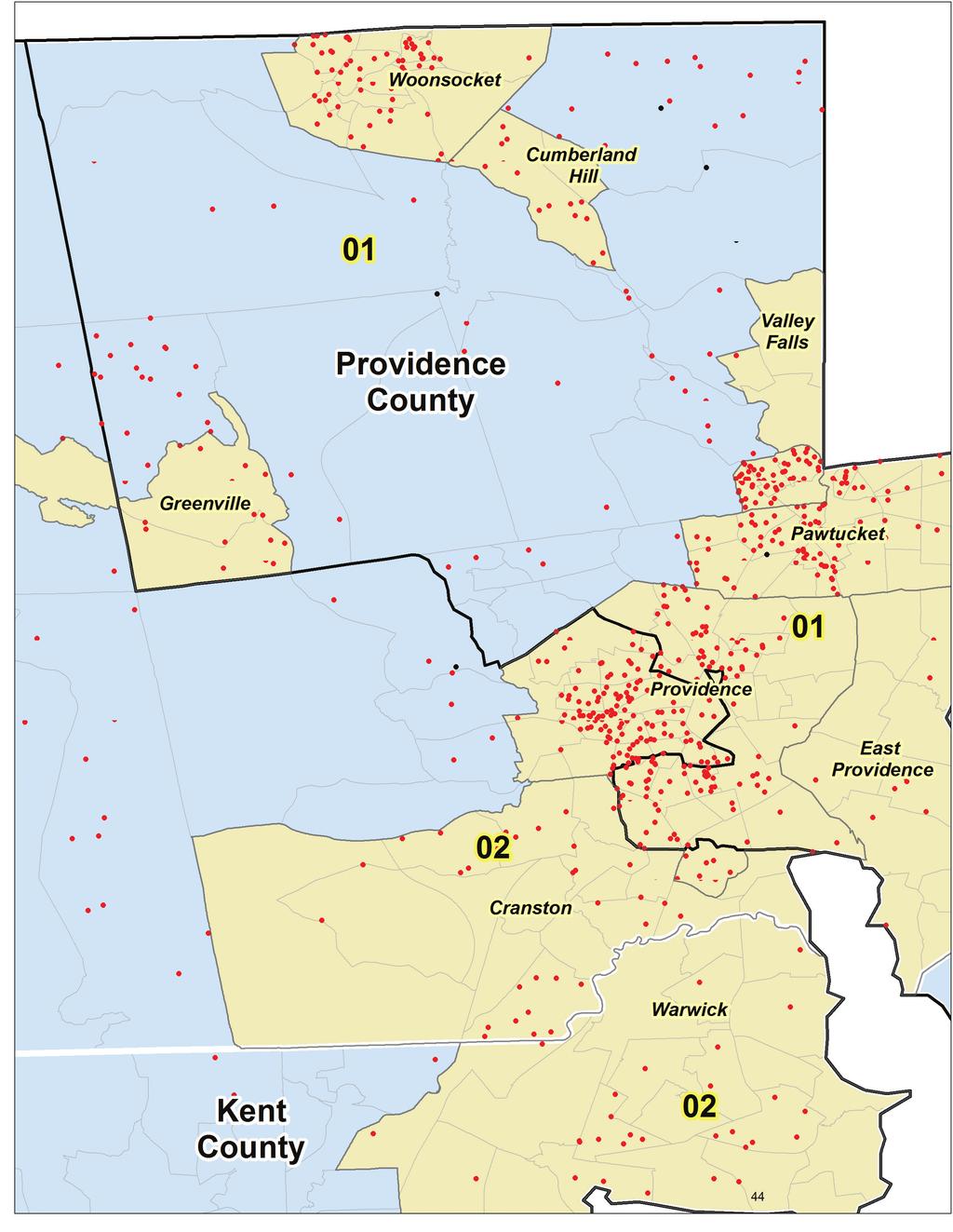 PUERTO RICAN POPULATION BY COUNTIES IN RHODE ISLAND PUERTO RICAN POPULATION 1 dot = 50 06-14 PUERTO RICAN