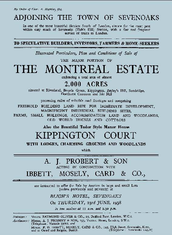 54 A handbill for the auction of the Montreal estate, 1938. The auction catalogue described Montreal House and part of the estates as freehold building land ripe for development.