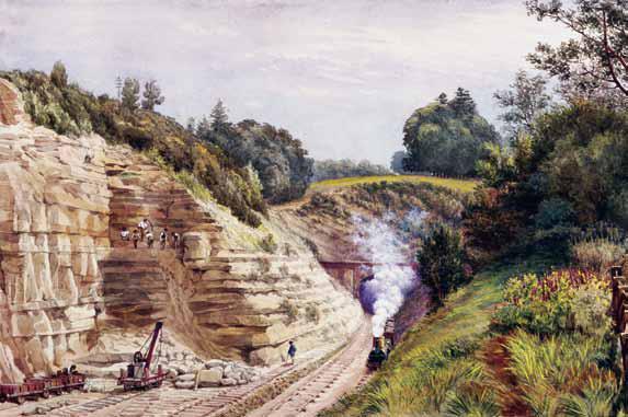 66 Building Sevenoaks tunnel. This watercolour by an unknown artist shows work on the north end of the Sevenoaks tunnel in 1868.