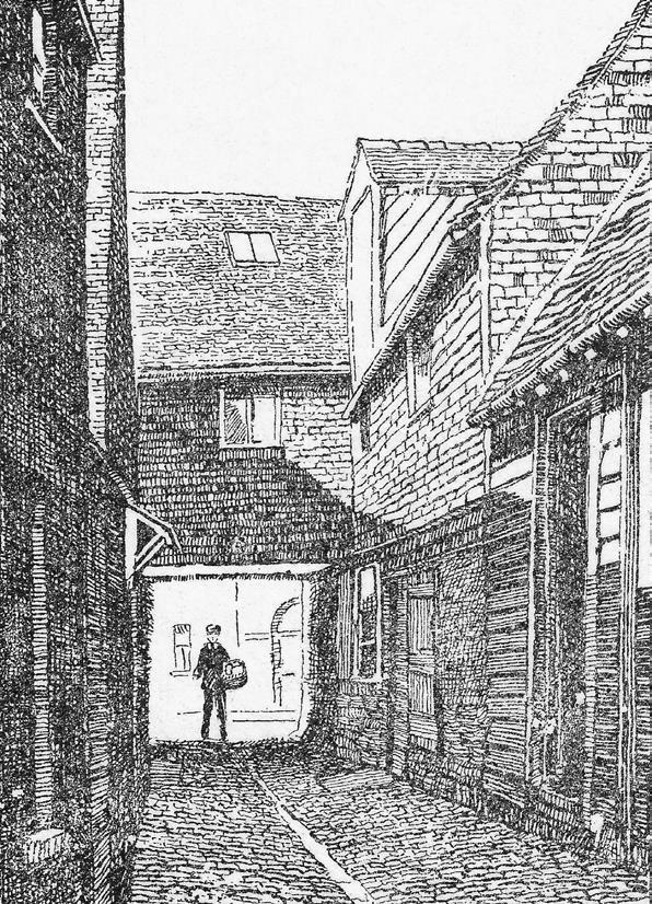 82 The Shambles, a drawing by Vincent New. The oldest surviving building in the town is now a small gift shop in the Shambles.