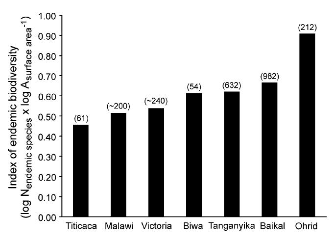 Figure 3 The Index of endemic biodiversity for selected worldwide ancient lakes and Lake Victoria taking surface area into account.