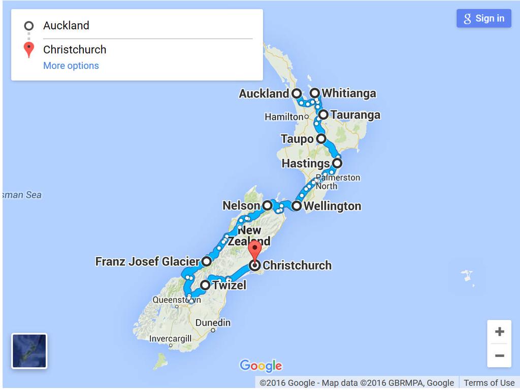 Auckland to Christchurch in 10 days Auckland to Whitianga Whitianga to Tauranga Tauranga to Taupo Taupo to Hastings Hastings to Wellington Wellington to Nelson Nelson to Hokitika Hokitika to Franz