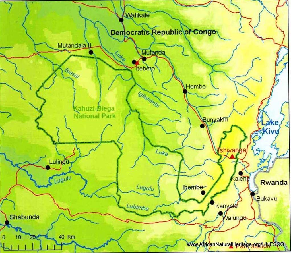 Map of Kahuzi-Biega National Park, showing the old mountain section on the rim of the Rift Valley