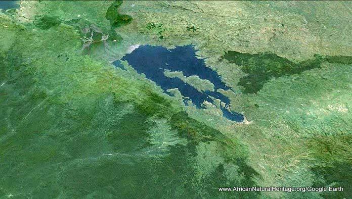 Google Earth satellite image of the central section of the western (Albertine) Rift Valley, viewed from the south-west, showing the southern shores of Lake Edward (top left), part of Virunga National