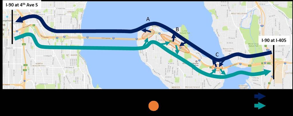 4.2 I-90 and Mercer Island Person Travel Time This study evaluated person travel time for three different areas: The I-90 freeway Mercer Island streets accessing I-90 interchanges Regional travel to