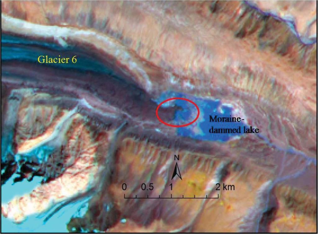 5592 P. Pandey and G. Venkataraman Figure 5. The terminus of Samudra Tapu glacier (glacier 6 from Table 3) and moraine-dammed lake. The red ellipse indicates the elongated portion of the snout area.