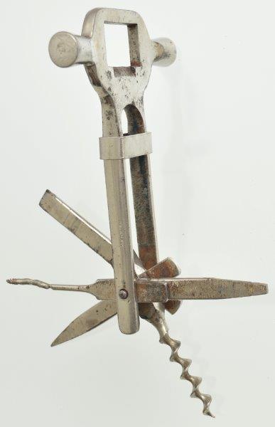 BW135 German multi-tool with cap lifter in the handle, hammers on the sides and various tools held in