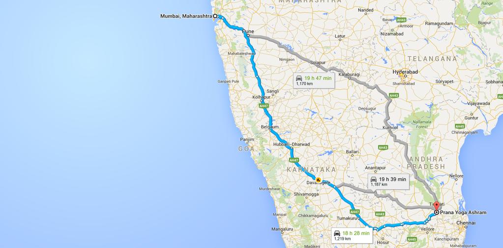 Mumbai, Maharashtra to Prana Yoga Ashram Drive 1,219 km, 18 h 28 min Atma Namaste, Please use this offline map for reaching the Ashram, For any guidance