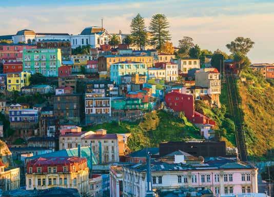 Valparaíso s colourful houses by the sea and steep hills create an amazing urban landscape. Overnight Valparaíso.