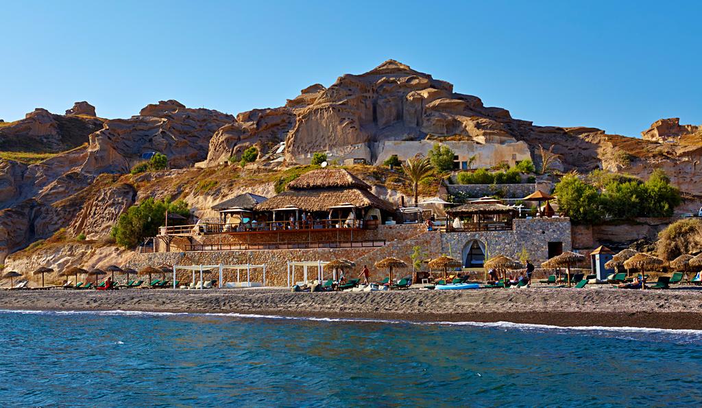 Nearby beaches Theros Wave Bar, in Vlychada Situated among the impressive volcanic rocks, Theros is one of the most exotic and impressive beach bars in the Aegean.