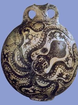 Minoan Pottery: Same effect is created on the Octopus flask by using an octopus with many undulating legs