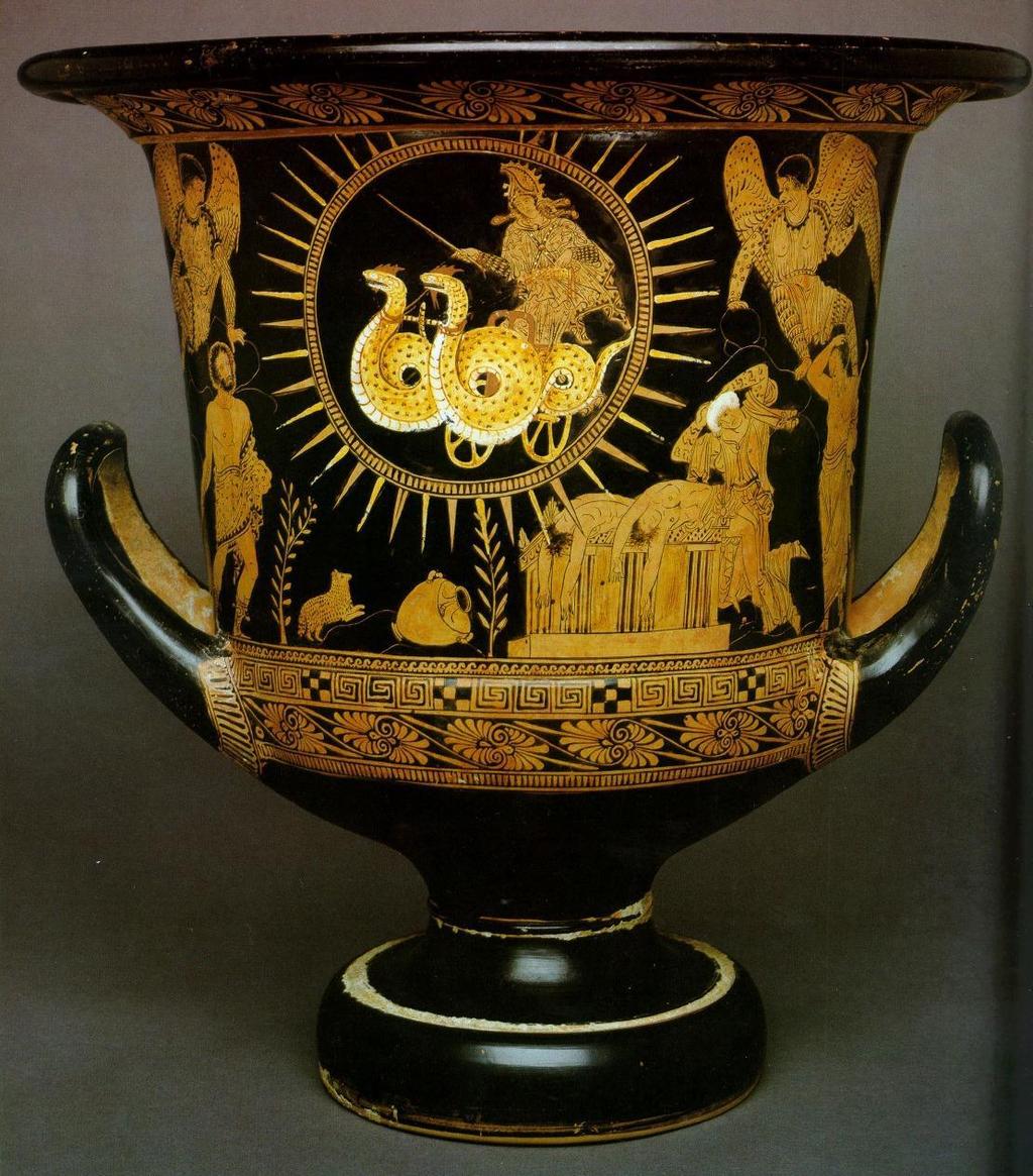 Medea leaves Corinth in a chariot draw by Dragons. South Italian kalyx krater (open mixing bowl) from c.