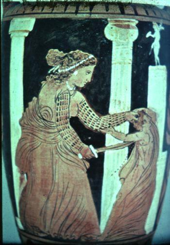 Medea killing her son. Red-figured amphora ca 325 BC (late classical). Only one of Medea s sons is shown in this scene as she thrusts her sword in her body, and he is already bleeding.