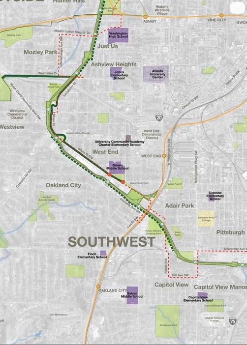 Map 2 Southwest I-75/85 to I-20 The rail corridor that runs through many of the neighborhoods in the Southwest section is no longer active, making it an attractive option for early Atlanta BeltLine