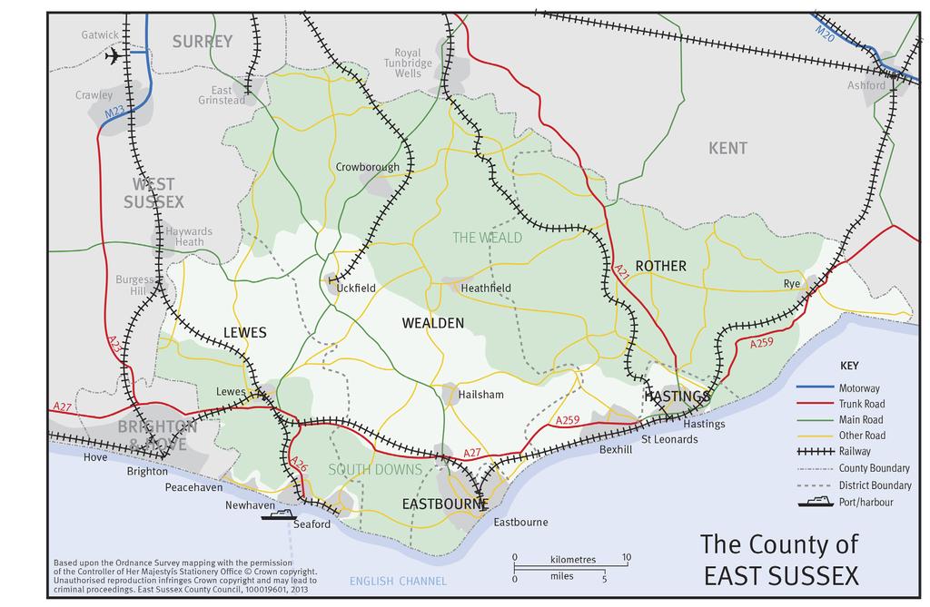 2. East Sussex Rail Network Figure 1: Map of East Sussex and rail routes in the county 2.1 There are essentially three main rail routes in East Sussex, as shown on Figure 1.