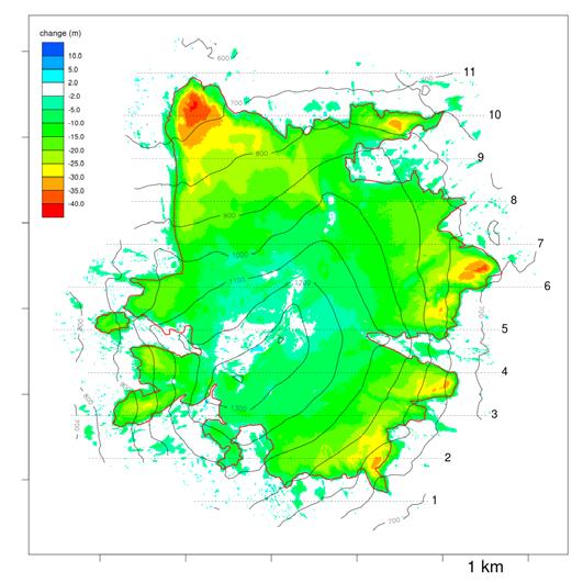 LiDAR mapping of the Snæfellsjökull ice cap Figure 6. Change in the surface elevation of Snæfellsjökull from 1999 to 2008 (area 12.5 km 2 in 2002 and 10.0 km 2 in 2008).