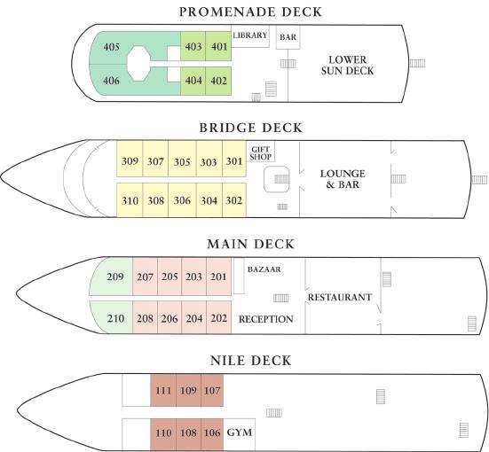 Land/Cruise Rates Cabin Categories Decks Rates Standard Cabins 106 to 111 Nile Deck $8,995 Standard Cabins 201 to 208 Main Deck $9,995 Standard Cabins 301 to 310 Bridge Deck $10,950 Standard Cabins