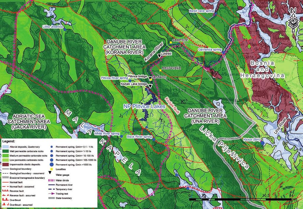 Hydrogeology of the sinking zone of the Korana River downstream of the Plitvice Lakes, Croatia Fig. 4: Hydrogeological map of the Plitvice Lakes and upstream part of the Korana River.