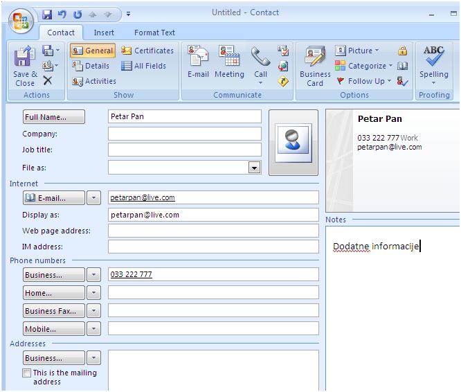 Slika 7-181 Dodavanje novog kontakta u programu Microsoft Outlook Slika 7-182 Upisivanje podataka za novi kontakt Kad upišete sve informacije uz određeni kontakt