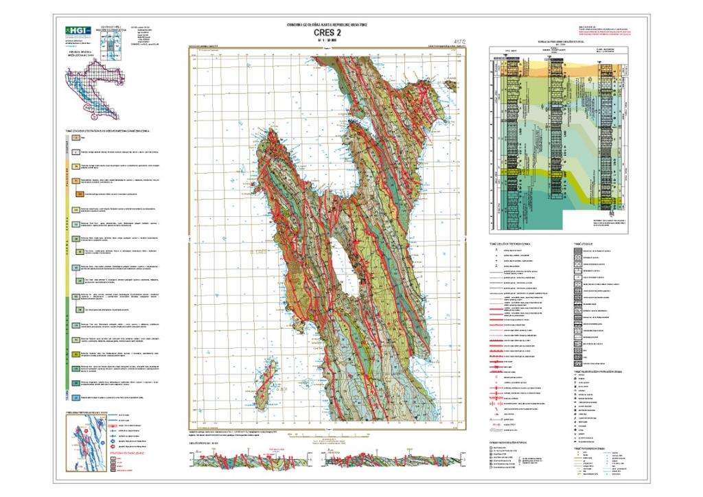 50/1 Prvi izrađeni standardizirani list Cres 2, koji prikazuje geološku građu središnjeg dijela otoka Cresa, prethodno je objavljen u smanjenom formatu (slika 2), kao prilog Uputama, kojima se