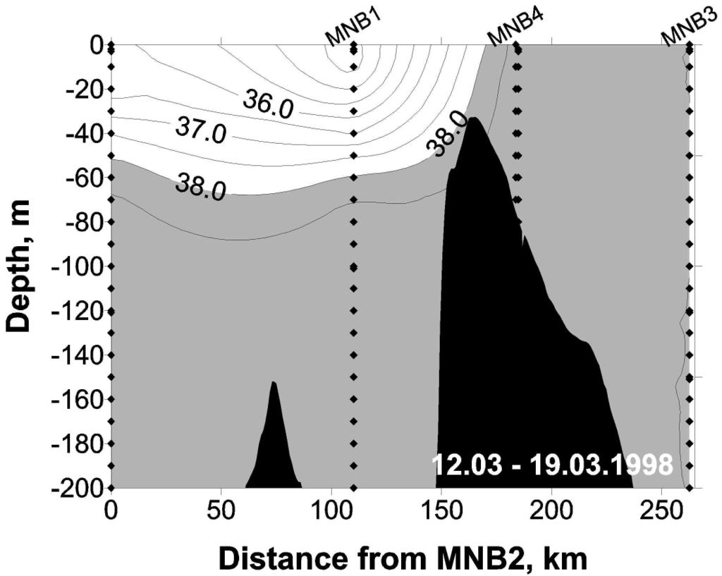 Fig. 7: The distribution of salinity along the transect from station MNB2 to station MNB3, as shown in figure 2.