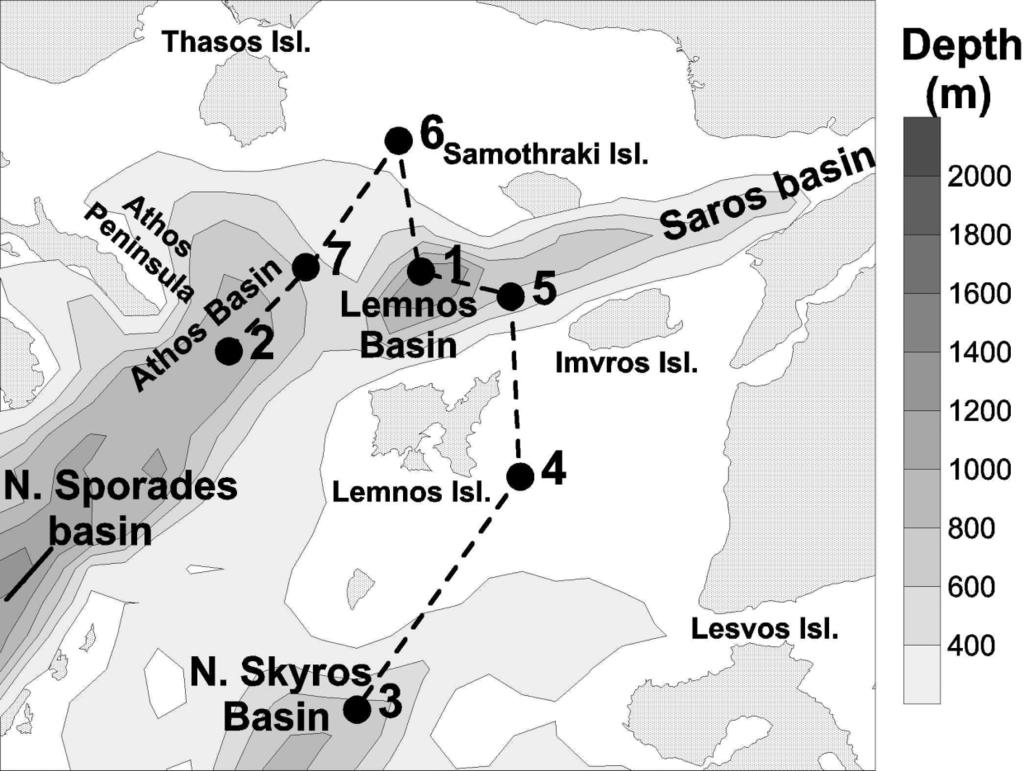 Fig. 2: Bottom relief, islands and coasts of the North Aegean Sea. Isobaths are plotted at 200 m intervals.