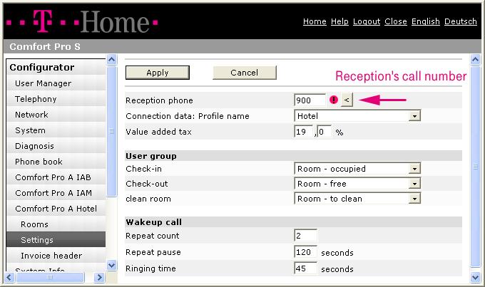 Configuring the Reception Telephone Configuration and Administration Configure the reception call number in the Configurator menu Comfort Pro A Hotel: Settings.