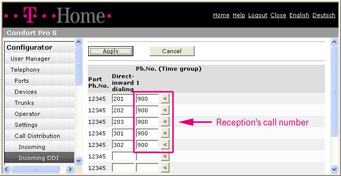 Configuring the Authorisation for Room Telephones Configuration and Administration System access: Associating receptions call number with room extension numbers Similarly, in the Call Distribution:
