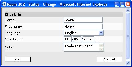 Registering a Guest (Check-In) Using the Comfort Pro A Hotel Programme Dialogue box: Check-in The room status is changed to occupied.