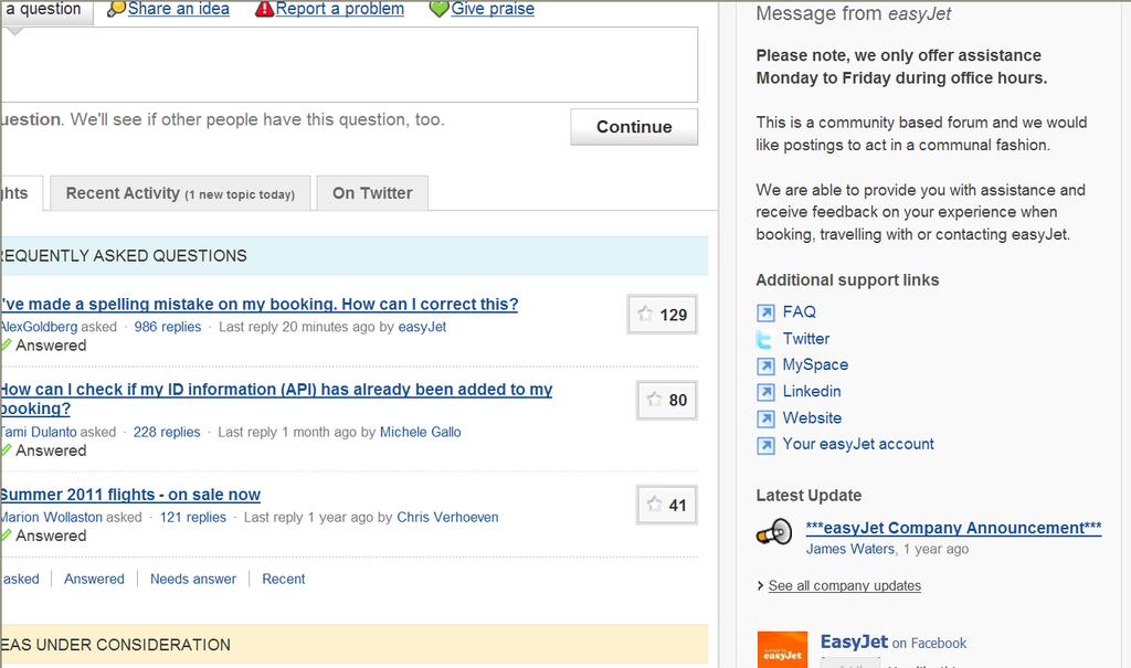 Appendix 19 Screenshot from the easyjet community, showing how the page links to other support sites, such