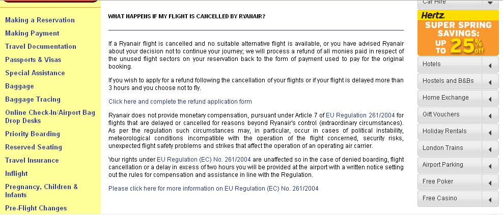 Appendix 28 Screenshot from Ryanair.com with information about what to do in case a flight is cancelled.