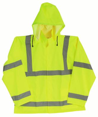 material; wraparound reflective bands; 100% waterproof; adjustable cuffs and detachable hood; zipper and