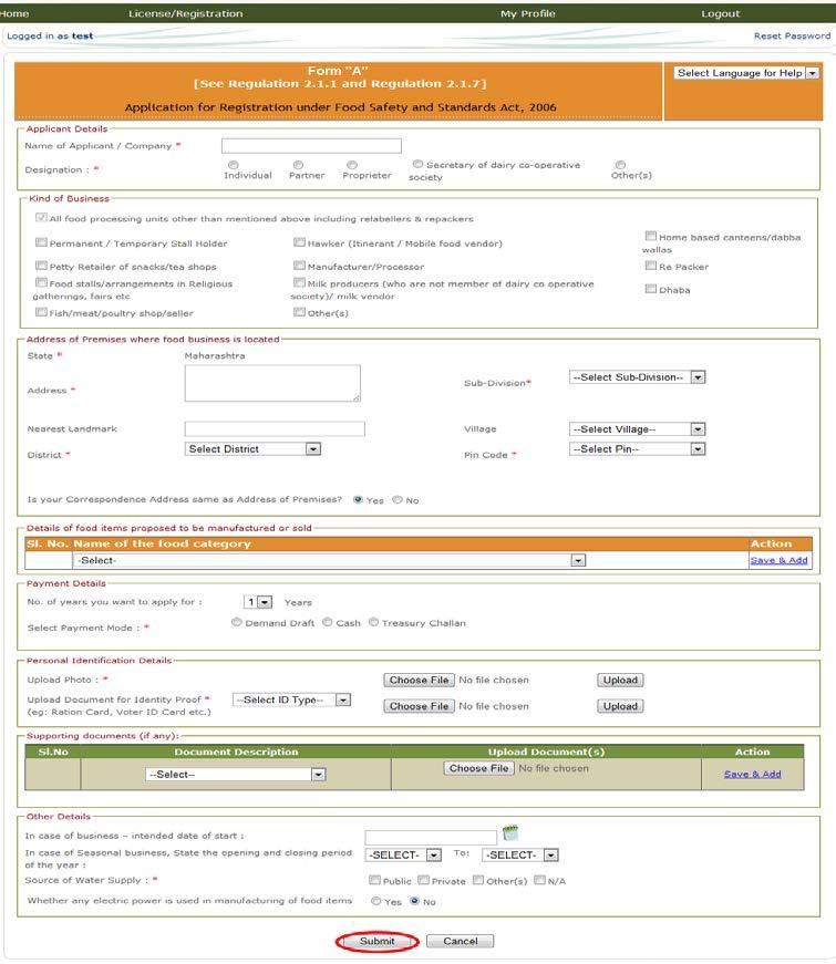 7.3. Application for Registration Certificate Based on the Pre-check if the FBO is directed to registration then the application form for registration will appear as shown in the screen below in Fig.