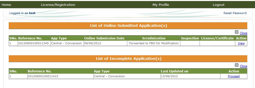 To view the pending/incomplete applications click on Click to View against heading List of Incomplete Application(s) Note: To Logout from the system, click on Logout link. As shown below in fig.