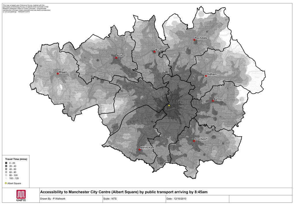 Figure 8.8: Accessibility to Manchester City Centre by public transport, 2010 Source: GMPTE, 2010 15.