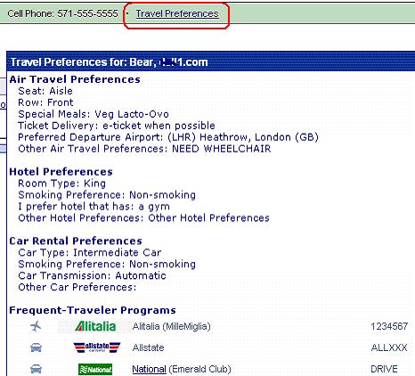 There is a Travel Preferences link which will display quick prfile infrmatin fr a